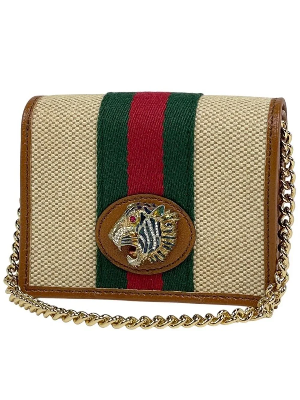 Gucci Rajah Chain Wallet Sherry Line Tiger Rhinestone Fabric Beige Shoulder